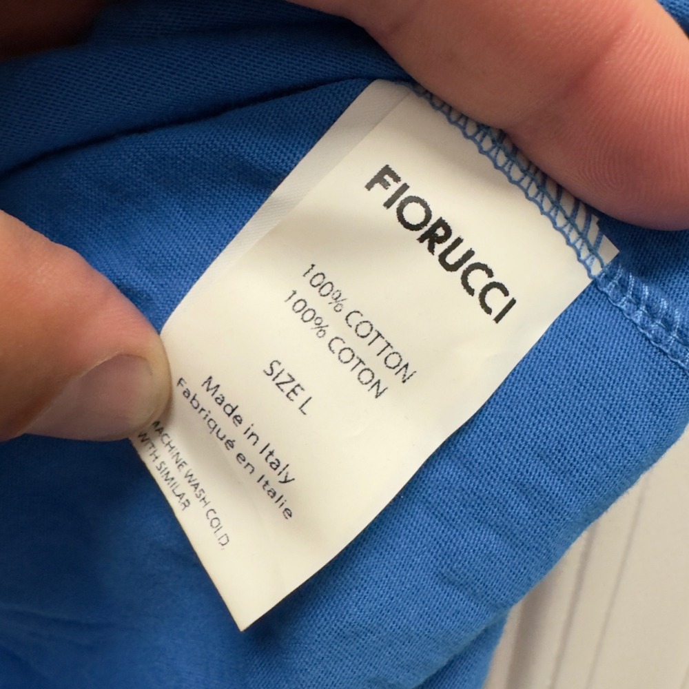 Fiorucci Men's Sz Large Blue Orange AOP Spellout Logo Crewneck T-Shirt Italy euc - Picture 4 of 7